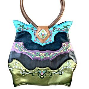 Oovoo Silk And Leather Hand Embroidered Purse Shoulder Bag